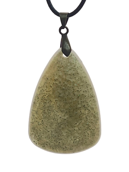 A large, organically rounded teardrop-shaped resin pendant in muted sage-olive green with fine scattered dark green glitter. It hangs from a gunmetal bail on a black braided cord against a pale background.