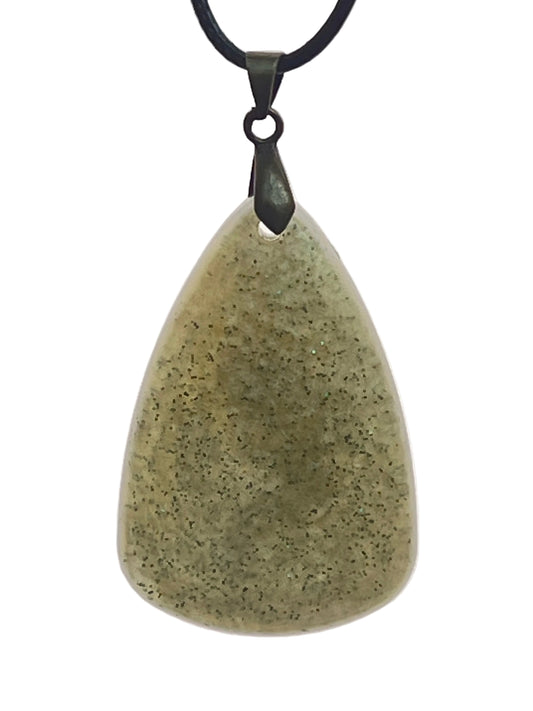 A large, organically rounded teardrop-shaped resin pendant in muted sage-olive green with fine scattered dark green glitter. It hangs from a gunmetal bail on a black braided cord against a pale background.