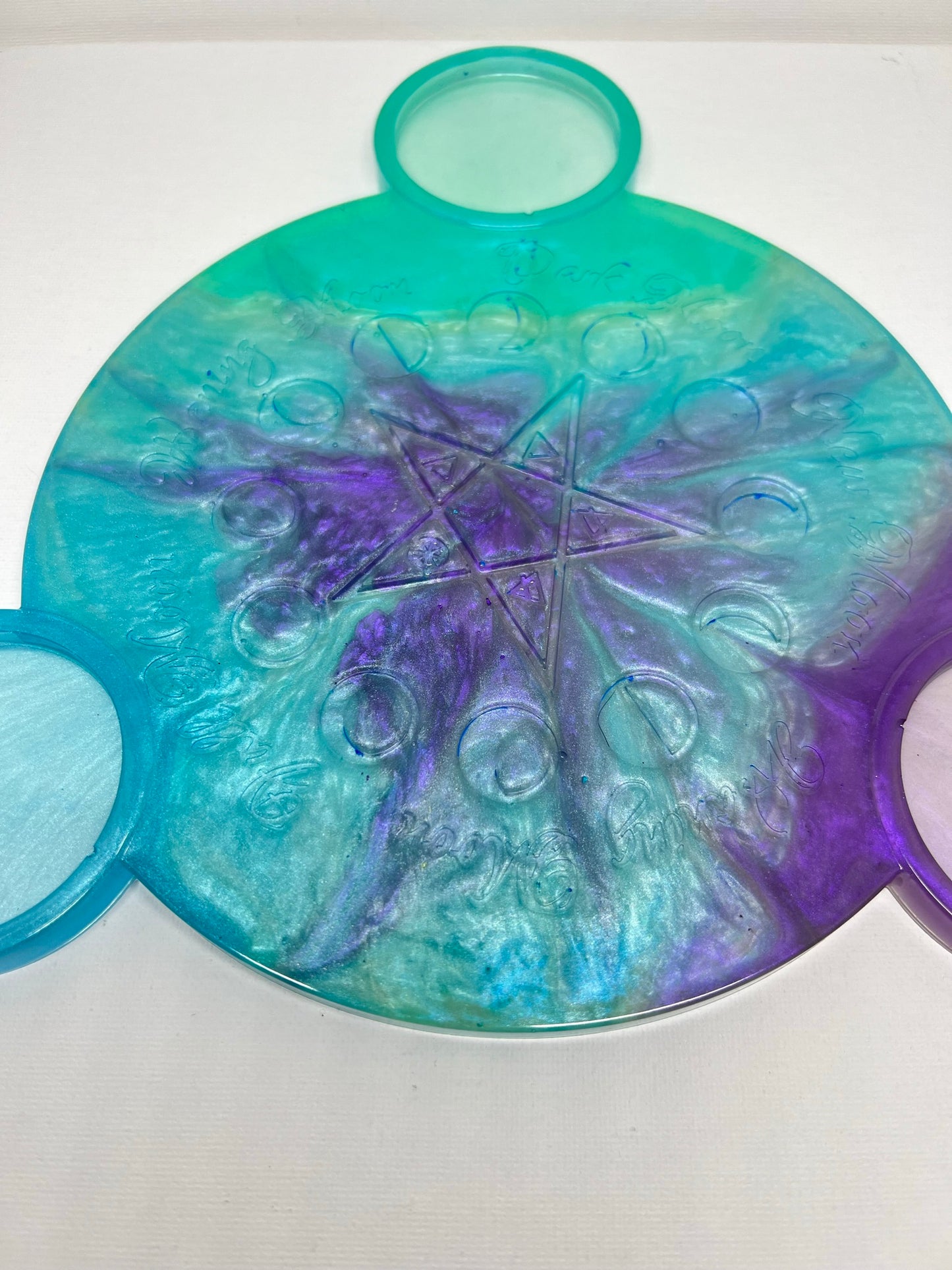 🌊 Ocean Aura Moon-Phase Ritual Altar Candle Tray | Teal & Amethyst Pentacle