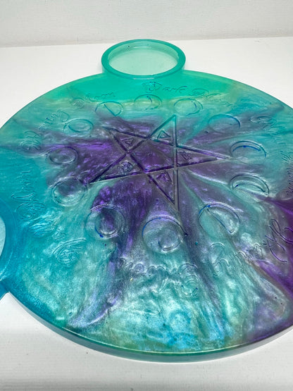 🌊 Ocean Aura Moon-Phase Ritual Altar Candle Tray | Teal & Amethyst Pentacle