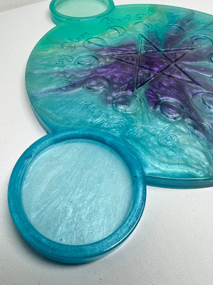 🌊 Ocean Aura Moon-Phase Ritual Altar Candle Tray | Teal & Amethyst Pentacle