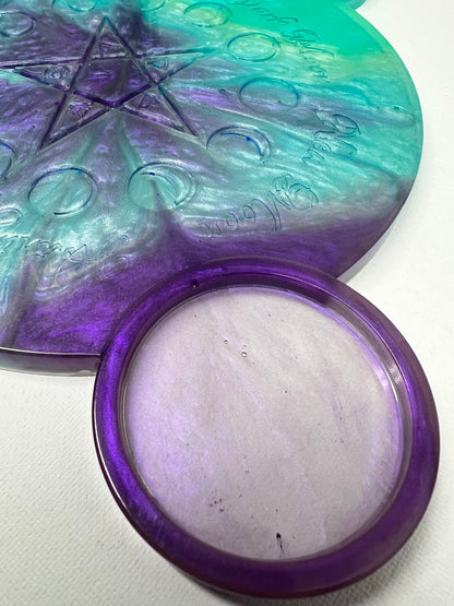 🌊 Ocean Aura Moon-Phase Ritual Altar Candle Tray | Teal & Amethyst Pentacle