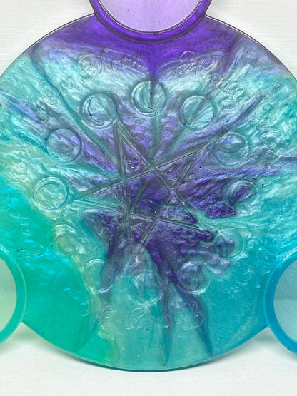 🌊 Ocean Aura Moon-Phase Ritual Altar Candle Tray | Teal & Amethyst Pentacle