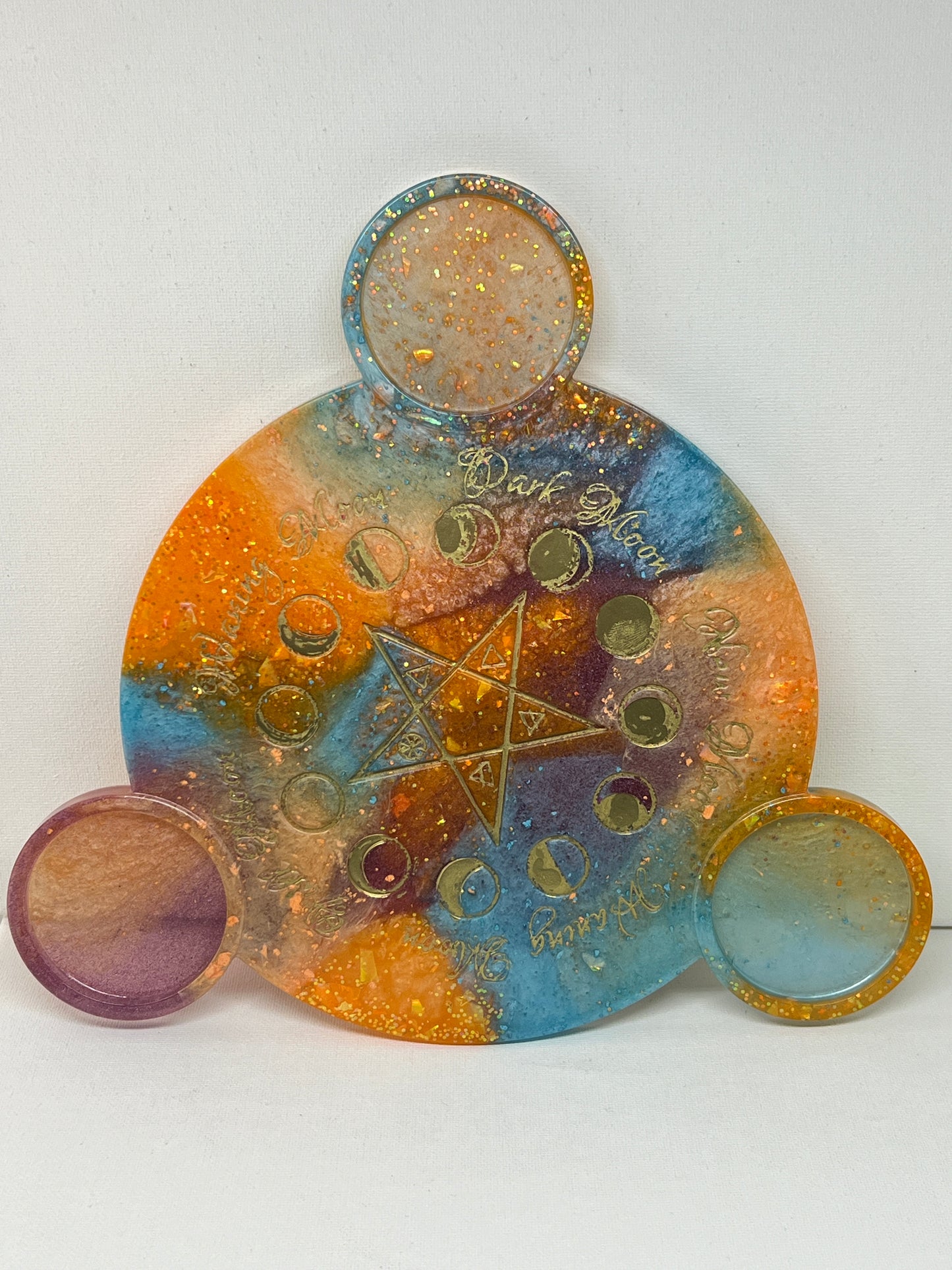 ✨ Solar Storm Moon-Phase Ritual Altar Candle Tray | Cosmic Sunset Pentacle