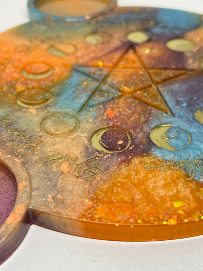 ✨ Solar Storm Moon-Phase Ritual Altar Candle Tray | Cosmic Sunset Pentacle