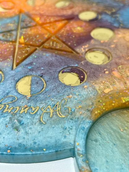 ✨ Solar Storm Moon-Phase Ritual Altar Candle Tray | Cosmic Sunset Pentacle