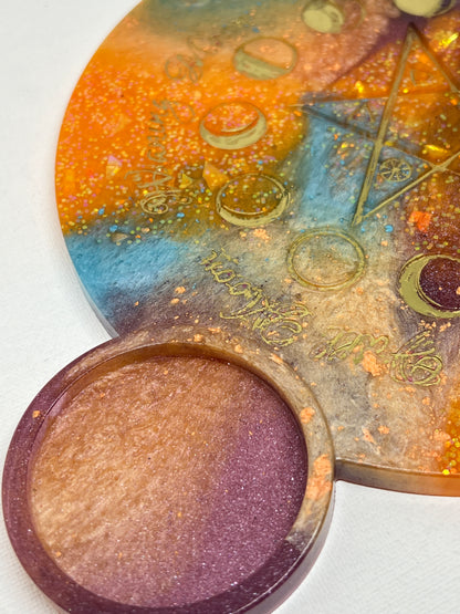 ✨ Solar Storm Moon-Phase Ritual Altar Candle Tray | Cosmic Sunset Pentacle