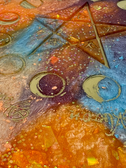 ✨ Solar Storm Moon-Phase Ritual Altar Candle Tray | Cosmic Sunset Pentacle