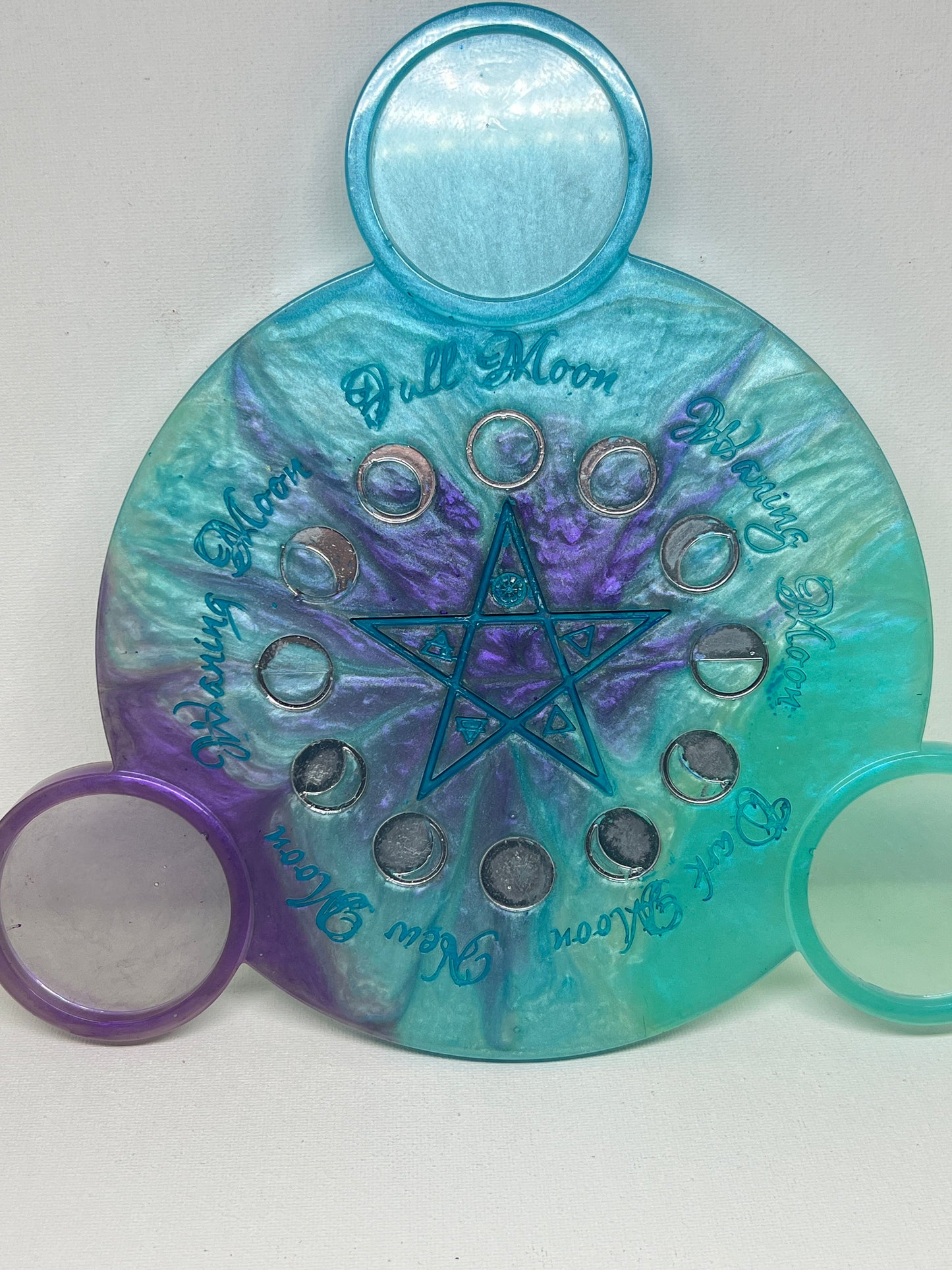 🌊 Ocean Aura Moon-Phase Ritual Altar Candle Tray | Teal & Amethyst Pentacle