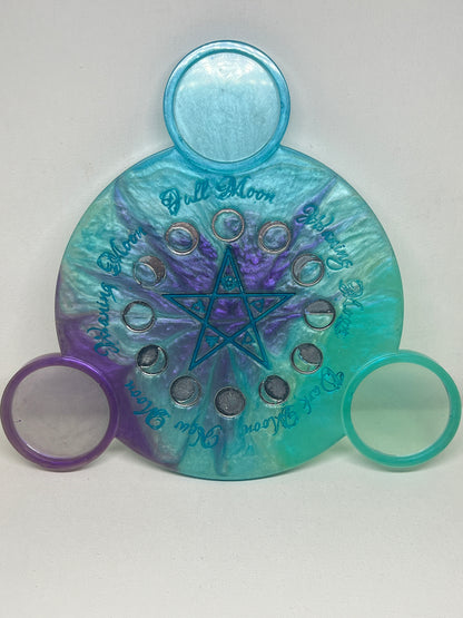 🌊 Ocean Aura Moon-Phase Ritual Altar Candle Tray | Teal & Amethyst Pentacle