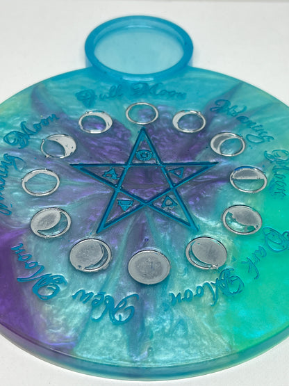 🌊 Ocean Aura Moon-Phase Ritual Altar Candle Tray | Teal & Amethyst Pentacle