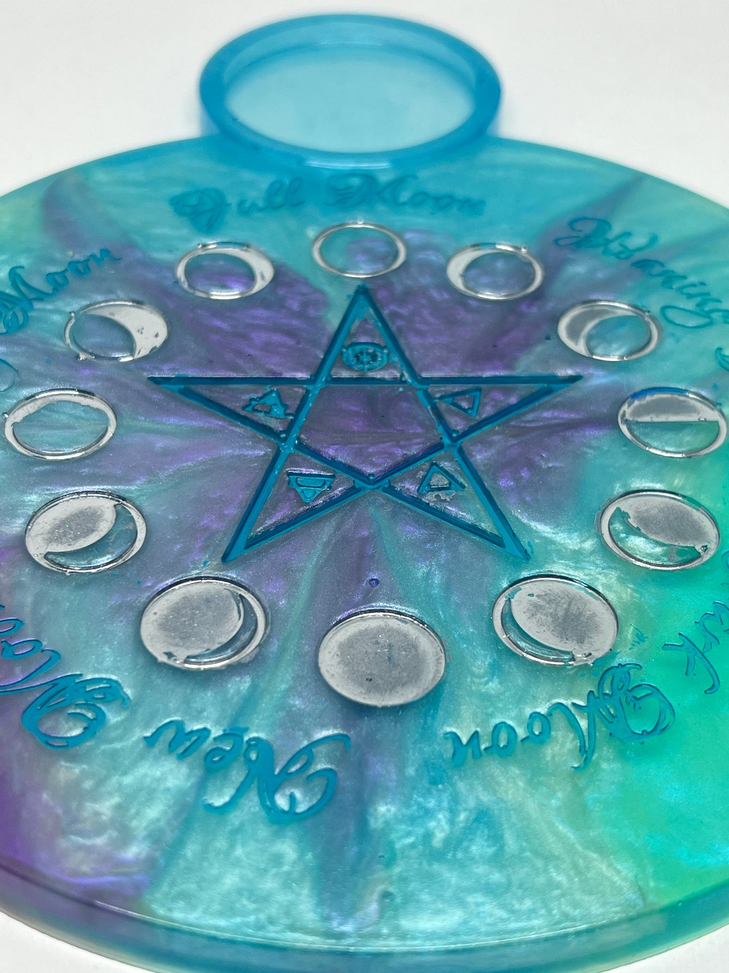 🌊 Ocean Aura Moon-Phase Ritual Altar Candle Tray | Teal & Amethyst Pentacle