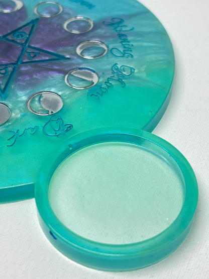 🌊 Ocean Aura Moon-Phase Ritual Altar Candle Tray | Teal & Amethyst Pentacle