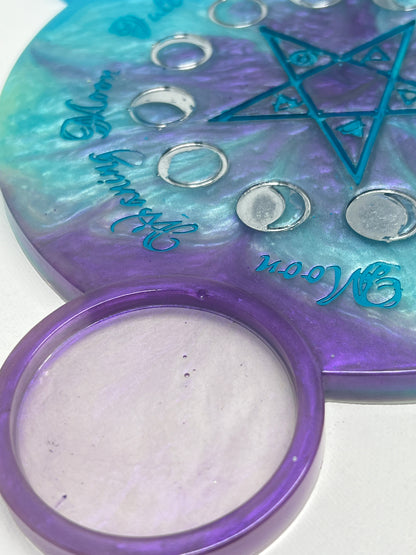🌊 Ocean Aura Moon-Phase Ritual Altar Candle Tray | Teal & Amethyst Pentacle