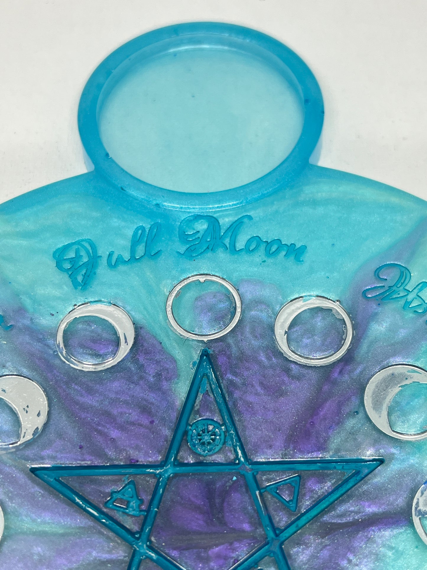 🌊 Ocean Aura Moon-Phase Ritual Altar Candle Tray | Teal & Amethyst Pentacle
