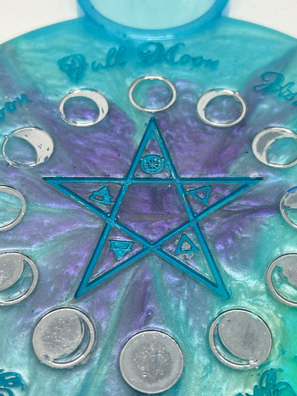 🌊 Ocean Aura Moon-Phase Ritual Altar Candle Tray | Teal & Amethyst Pentacle