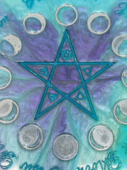 🌊 Ocean Aura Moon-Phase Ritual Altar Candle Tray | Teal & Amethyst Pentacle