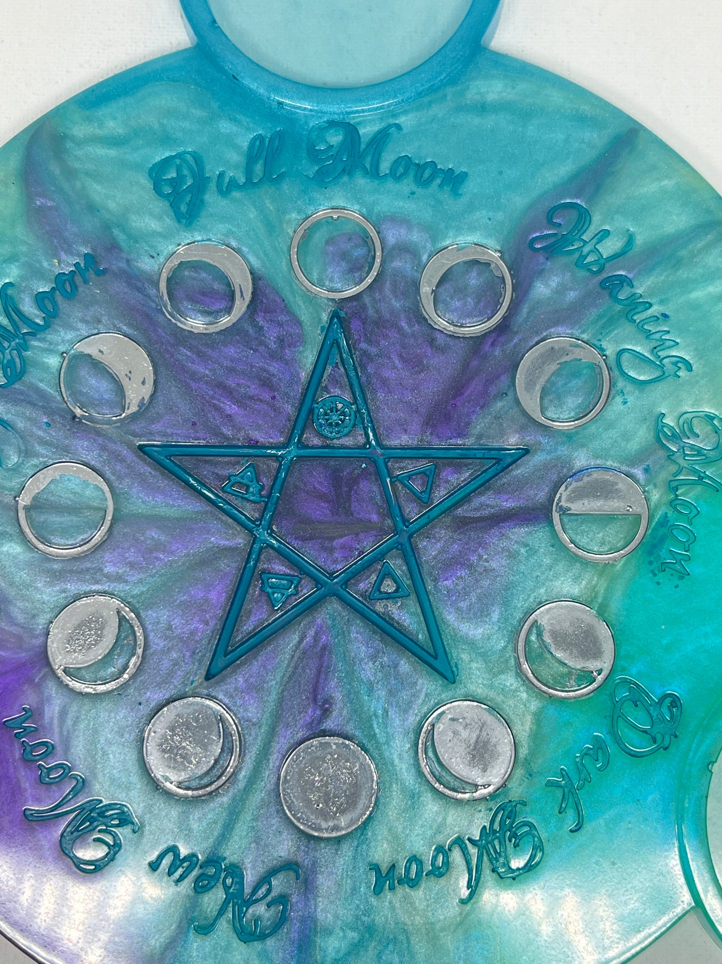 🌊 Ocean Aura Moon-Phase Ritual Altar Candle Tray | Teal & Amethyst Pentacle