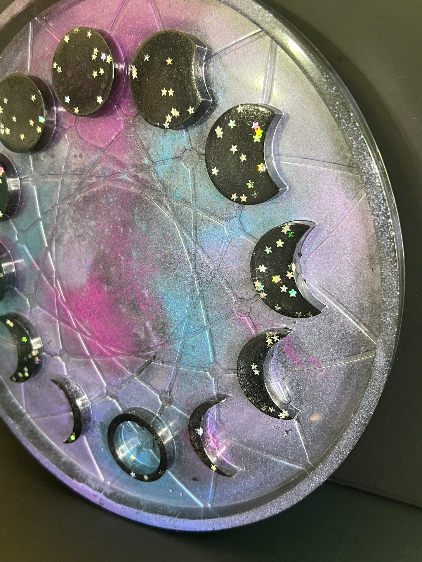 ✨ Starlit Shadow 3-D Moon Phase Tray — Cosmic Galaxy Altar Wheel ✨