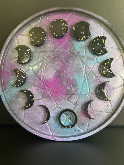 ✨ Starlit Shadow 3-D Moon Phase Tray — Cosmic Galaxy Altar Wheel ✨