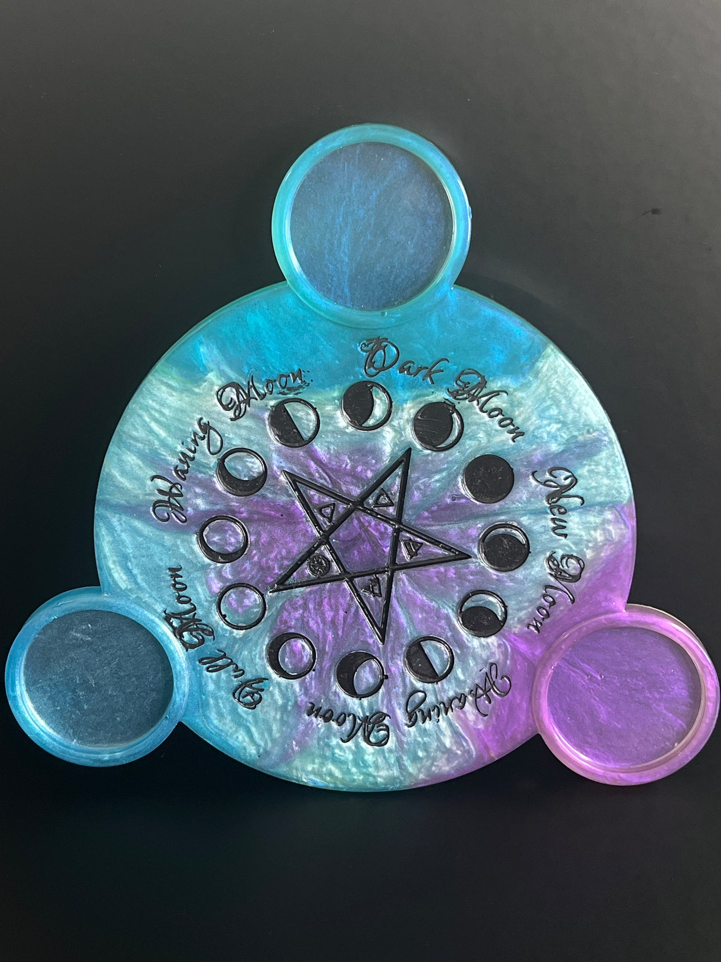 🌊 Ocean Aura Moon-Phase Ritual Altar Candle Tray | Teal & Amethyst Pentacle