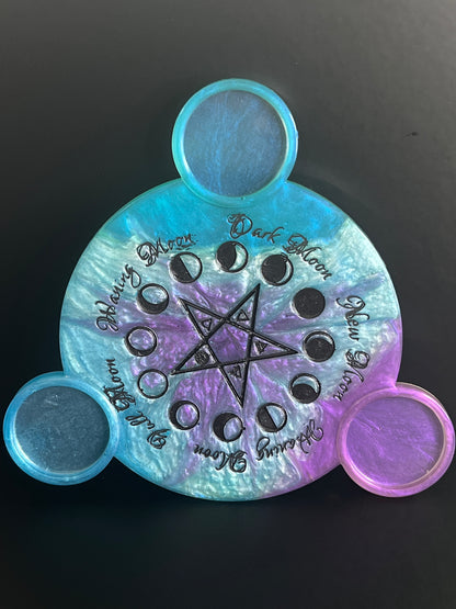 🌊 Ocean Aura Moon-Phase Ritual Altar Candle Tray | Teal & Amethyst Pentacle