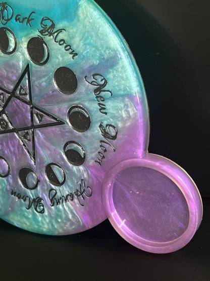 🌊 Ocean Aura Moon-Phase Ritual Altar Candle Tray | Teal & Amethyst Pentacle