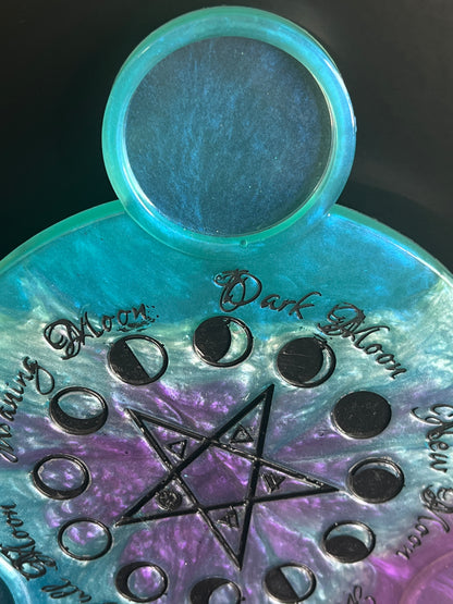 🌊 Ocean Aura Moon-Phase Ritual Altar Candle Tray | Teal & Amethyst Pentacle