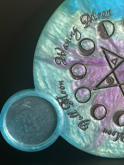 🌊 Ocean Aura Moon-Phase Ritual Altar Candle Tray | Teal & Amethyst Pentacle