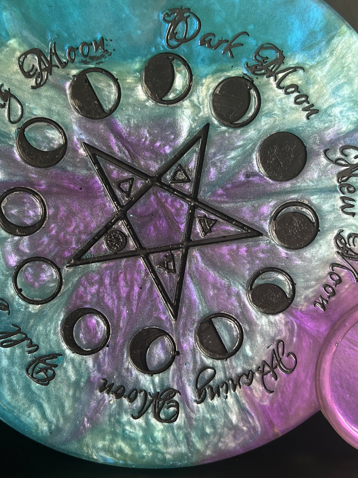 🌊 Ocean Aura Moon-Phase Ritual Altar Candle Tray | Teal & Amethyst Pentacle