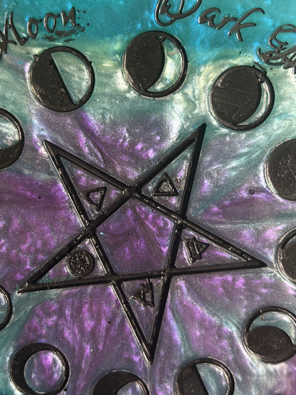 🌊 Ocean Aura Moon-Phase Ritual Altar Candle Tray | Teal & Amethyst Pentacle