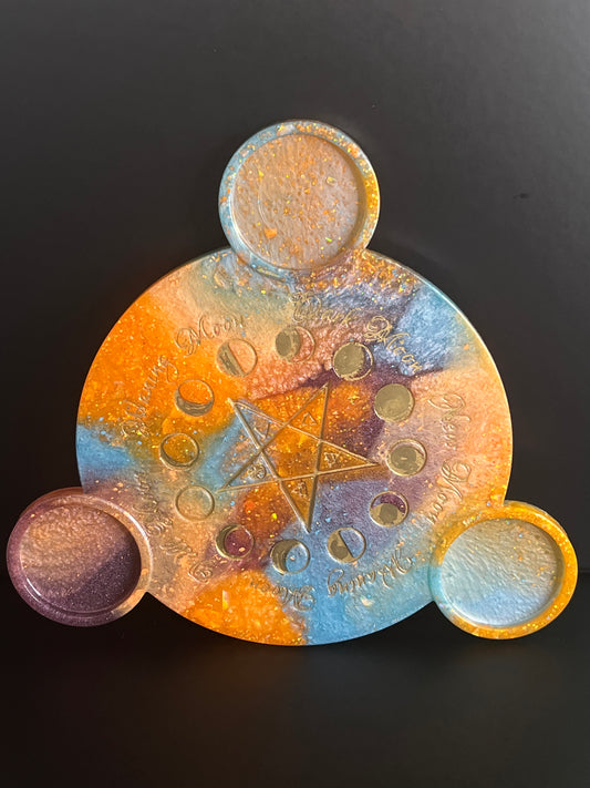 ✨ Solar Storm Moon-Phase Ritual Altar Candle Tray | Cosmic Sunset Pentacle