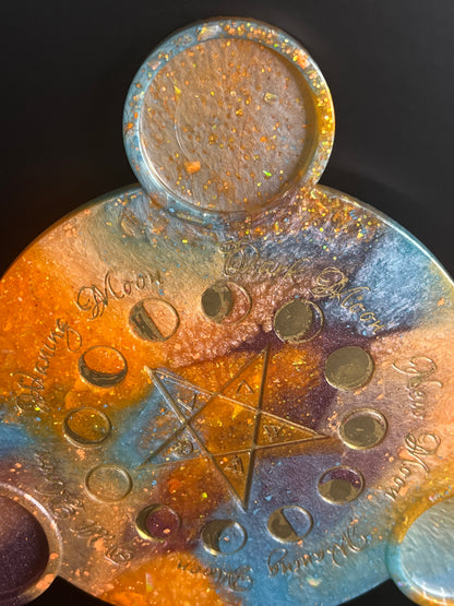 ✨ Solar Storm Moon-Phase Ritual Altar Candle Tray | Cosmic Sunset Pentacle