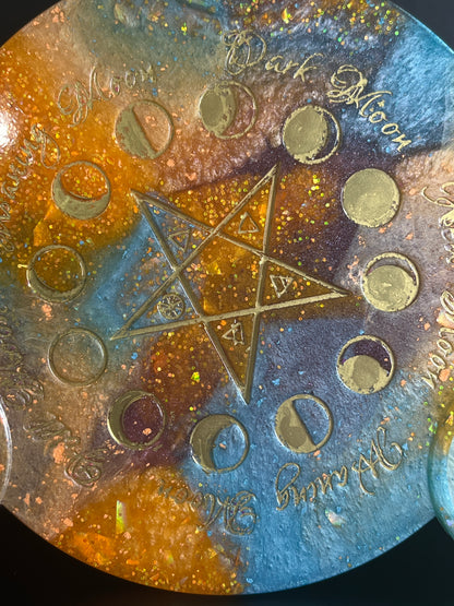 ✨ Solar Storm Moon-Phase Ritual Altar Candle Tray | Cosmic Sunset Pentacle