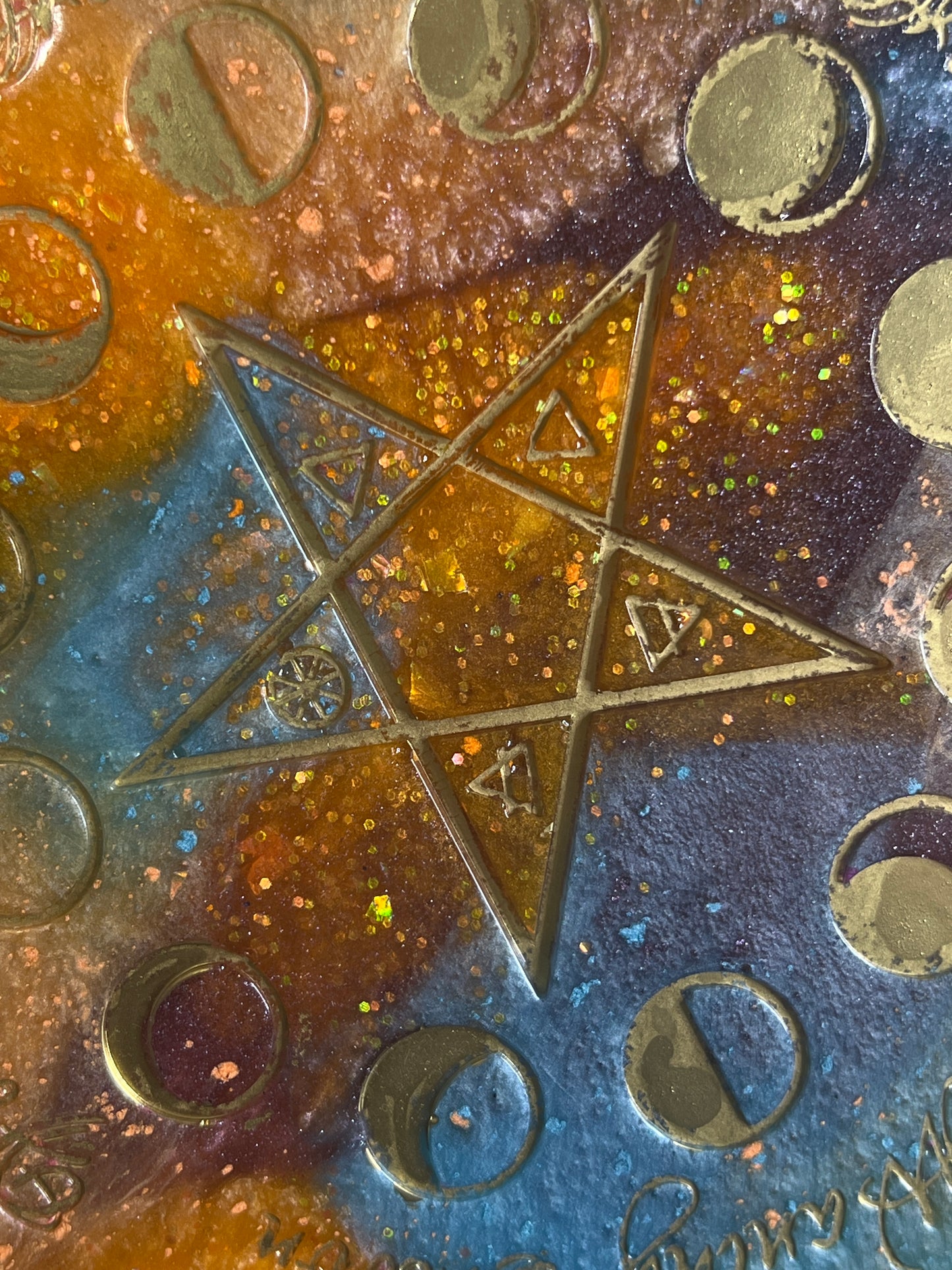 ✨ Solar Storm Moon-Phase Ritual Altar Candle Tray | Cosmic Sunset Pentacle