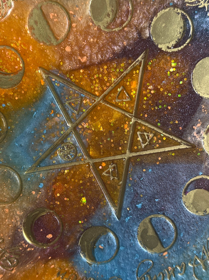 ✨ Solar Storm Moon-Phase Ritual Altar Candle Tray | Cosmic Sunset Pentacle