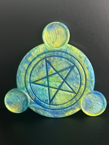 🌊💨 Tidewhisper Ritual Altar Candle Tray | Ocean & Sky Elemental Pentacle