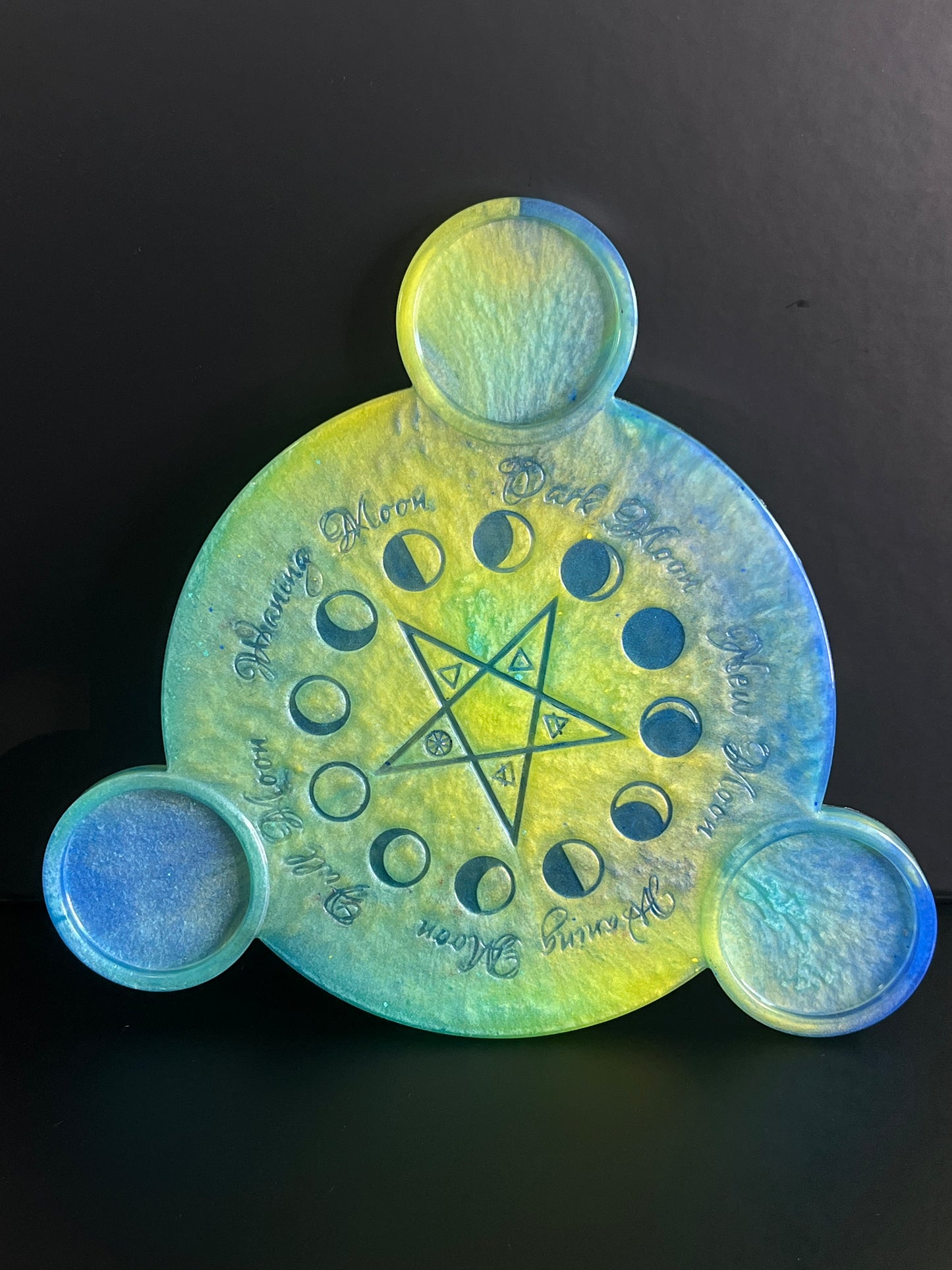 💛💙 Electric Meadow Moon-Phase Ritual Altar Candle Tray | Air & Earth Fusion Pentacle