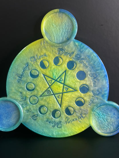 💛💙 Electric Meadow Moon-Phase Ritual Altar Candle Tray | Air & Earth Fusion Pentacle