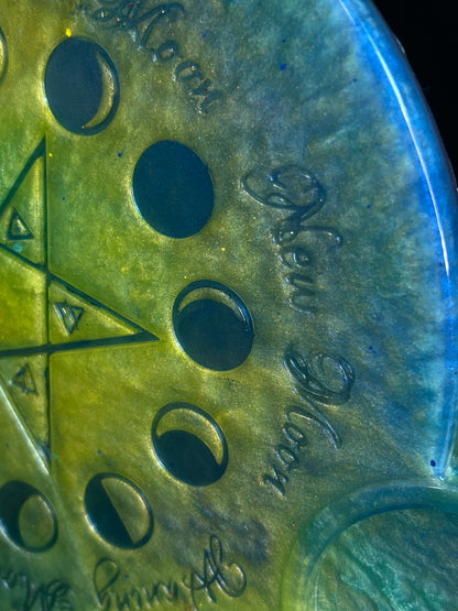 💛💙 Electric Meadow Moon-Phase Ritual Altar Candle Tray | Air & Earth Fusion Pentacle