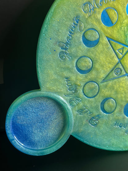 💛💙 Electric Meadow Moon-Phase Ritual Altar Candle Tray | Air & Earth Fusion Pentacle