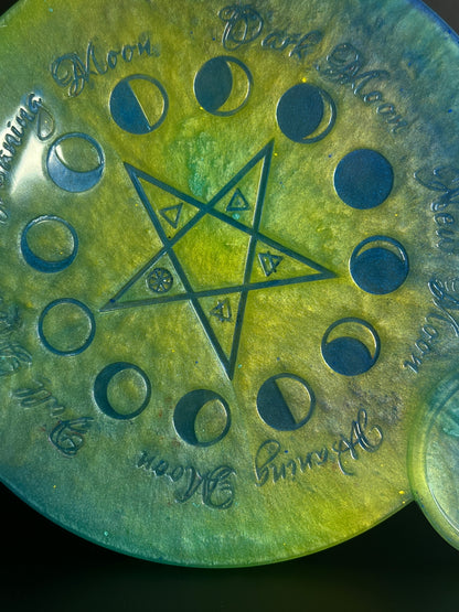 💛💙 Electric Meadow Moon-Phase Ritual Altar Candle Tray | Air & Earth Fusion Pentacle