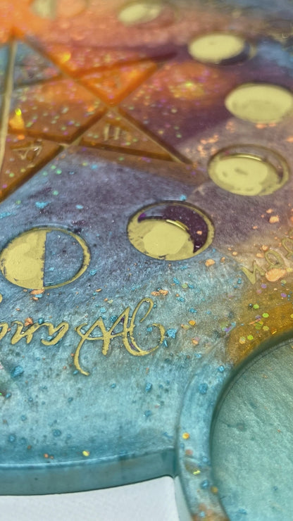 ✨ Solar Storm Moon-Phase Ritual Altar Candle Tray | Cosmic Sunset Pentacle