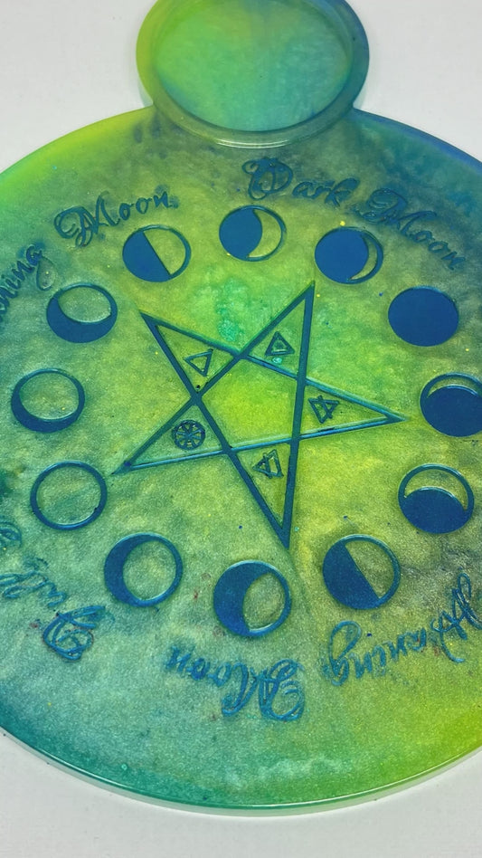 💛💙 Electric Meadow Moon-Phase Ritual Altar Candle Tray | Air & Earth Fusion Pentacle