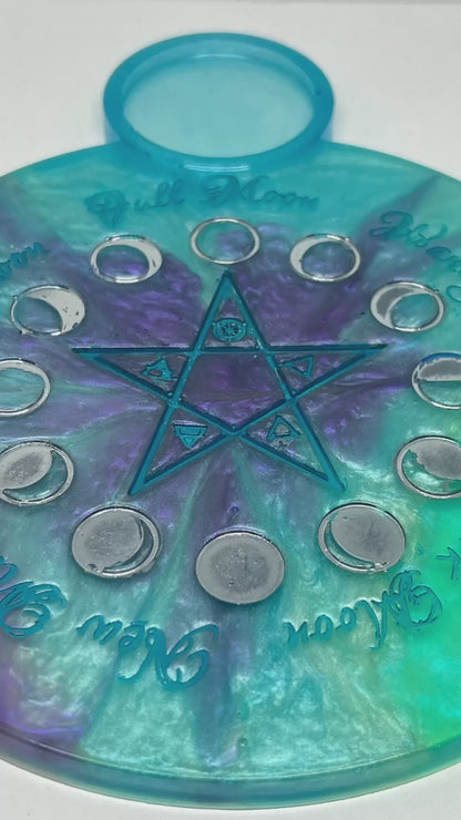 🌊 Ocean Aura Moon-Phase Ritual Altar Candle Tray | Teal & Amethyst Pentacle